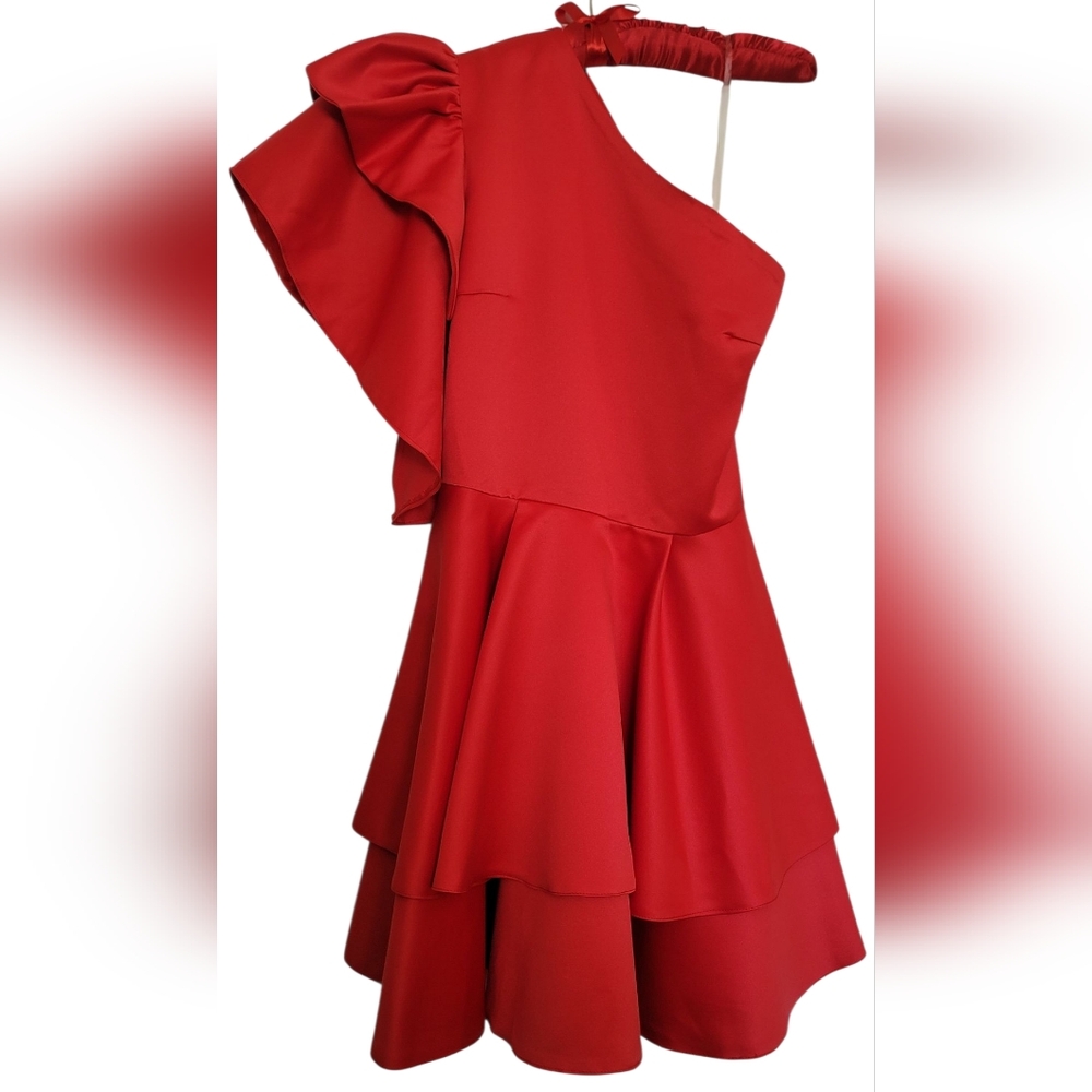 Red Cocktail / Party Dress One-Shoulder Ruffled Satin Special Occasion Dress